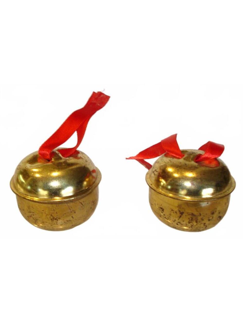 Vintage Lot of 2 Metal Gold tone Bells / Christmas Ornaments with Red Ribbon